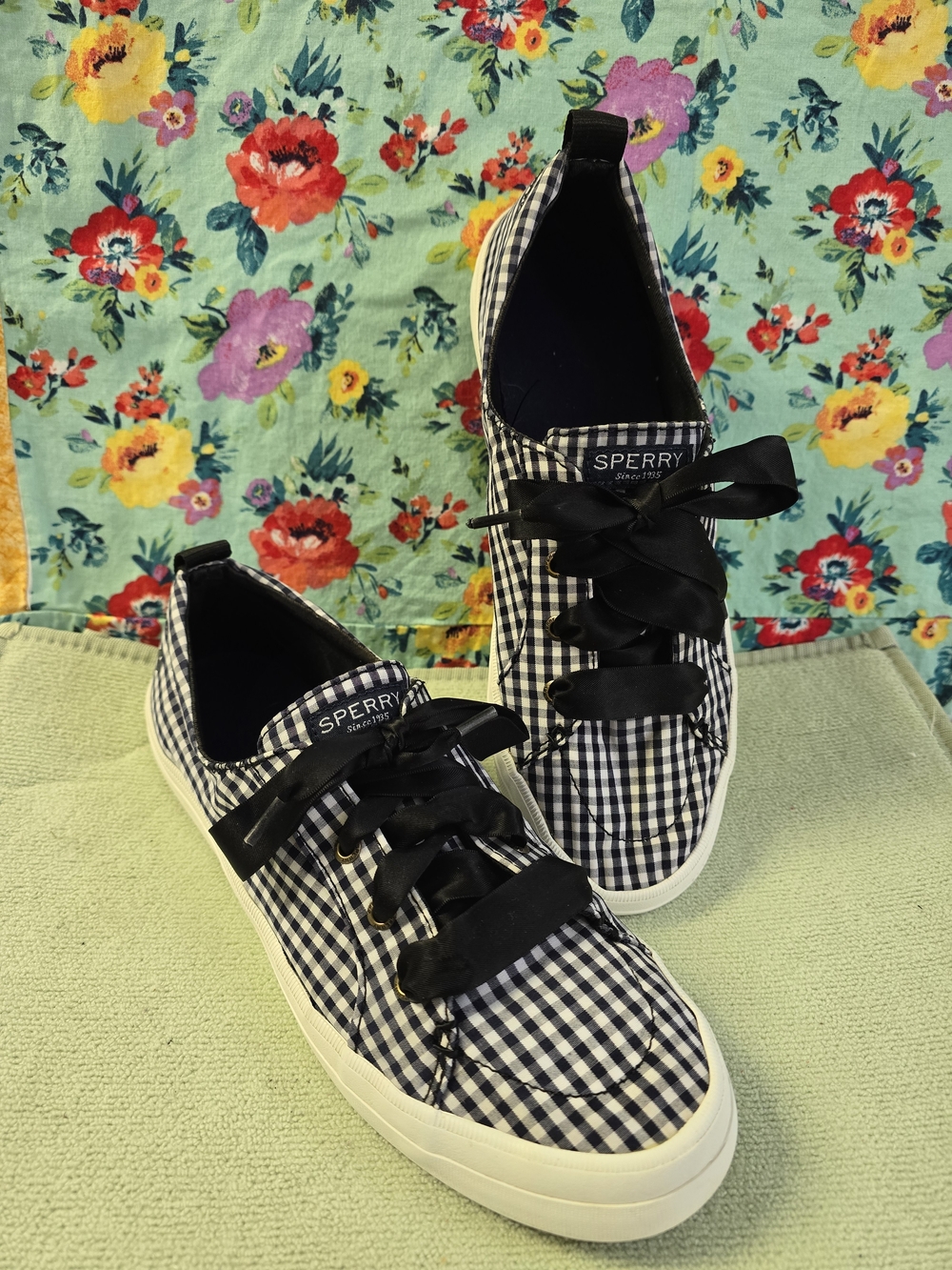 Sperry Navy & White Gingham Black Ribbon Sneakers